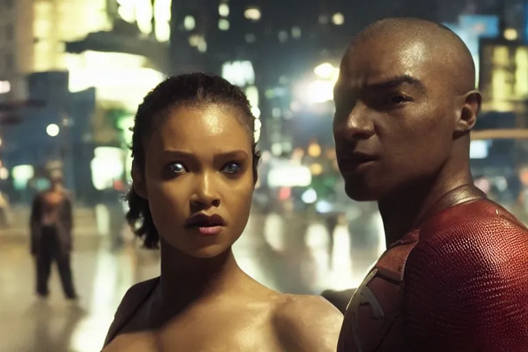 Image similar to movie powerful mutant heroes interracial couple closeup, DC Marvel fashion, VFX powers at night in the city, city street, beautiful skin, natural lighting by Emmanuel Lubezki