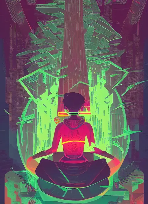 Image similar to an indie game poster of a translucent cyberpunk explorer meditating on an ancient platform in the middle of a dense forest, midnight, risograph by josan gonzalez, colourful flat surreal design, in the style of oxenfree, super detailed, a lot of tiny details
