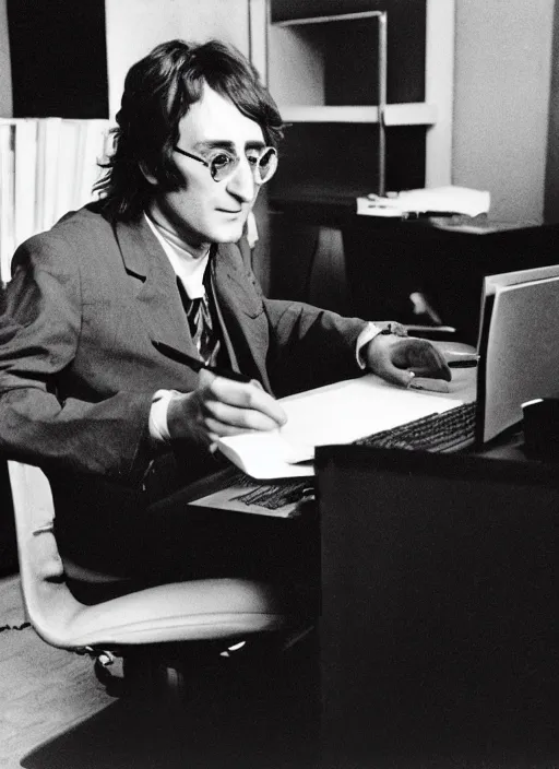 Prompt: john lennon sitting a desk typing on a laptop computer, black and white photo, real, photorealistic