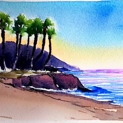 Image similar to a beautiful watercolor and pen painting of the california coastline