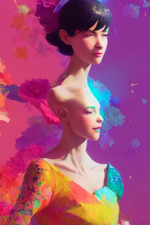 Image similar to elegant, beautiful woman in colourful clothing, ultrafine illustrated, ultradetailed flowery environment, by conrat roset, makoto shinkai, craig mullins, alphonse murac, detailed artwork, extremely detailed and high quality, global illumination, octane render, digital art trending on artstation