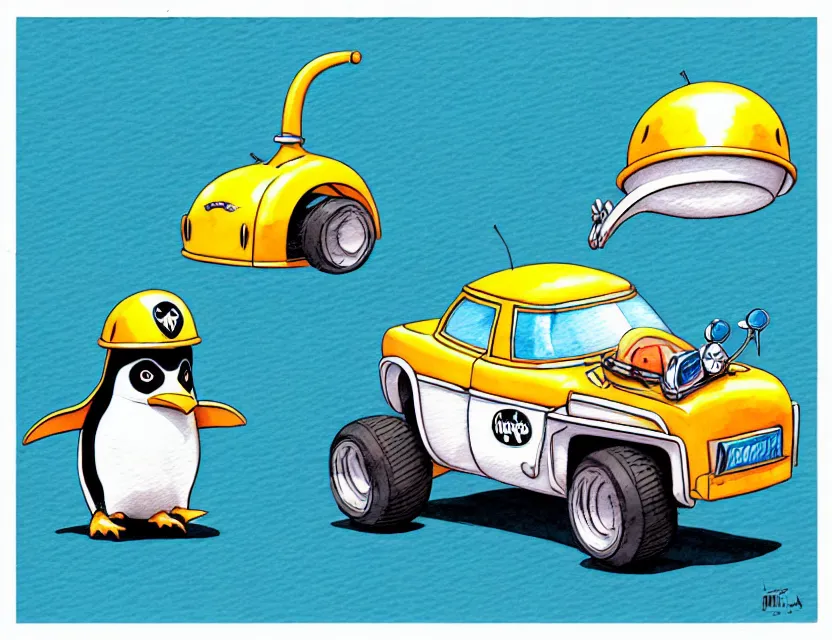 Image similar to cute and funny, penguin wearing a helmet riding in a tiny hot rod with an oversized engine, ratfink style by ed roth, centered award winning watercolor pen illustration, isometric illustration by chihiro iwasaki, edited by range murata, tiny details by artgerm and watercolor girl, symmetrically isometrically centered, sharply focused