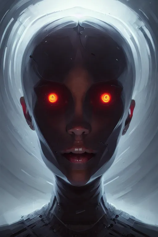 Prompt: professional concept art symmetrical portrait of a ominous floating!! mechanical ai terrifying!! thing in a dark room by artgerm and greg rutkowski. an intricate, elegant, highly detailed digital painting, concept art, smooth, sharp focus, illustration, in the style of cam sykes.