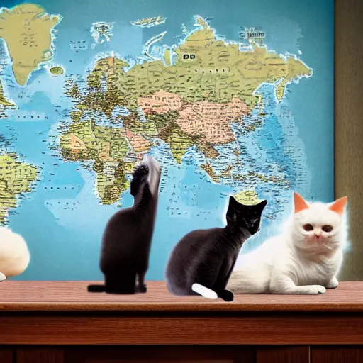 Prompt: Evil cats sitting around a table with a map of the world plotting world domination 8k