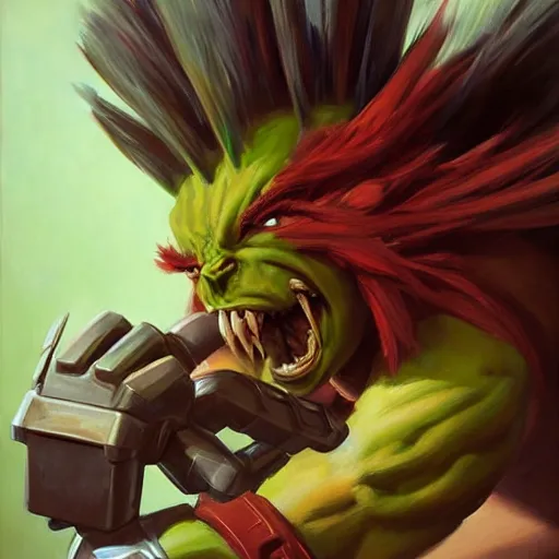 Image similar to greg manchess portrait painting of partially armored blanka from street fighter as overwatch character, medium shot, asymmetrical, profile picture, organic painting, sunny day, matte painting, bold shapes, hard edges, street art, trending on artstation, by huang guangjian and gil elvgren and gerald brom