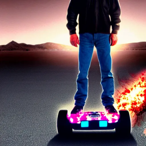 Image similar to Walter White from Breaking Bad (2008) standing on a hoverboard with an exploding car behind him, HDR, 8k,