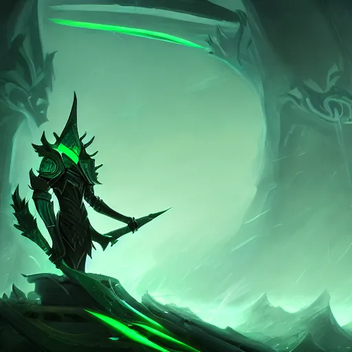 Image similar to The blade of the ruined king, digital illustration, ethereal, the void, ominous green background, very detailed, stylized, concept art, trending on artstation, high definition, by Riot Games, League of legends