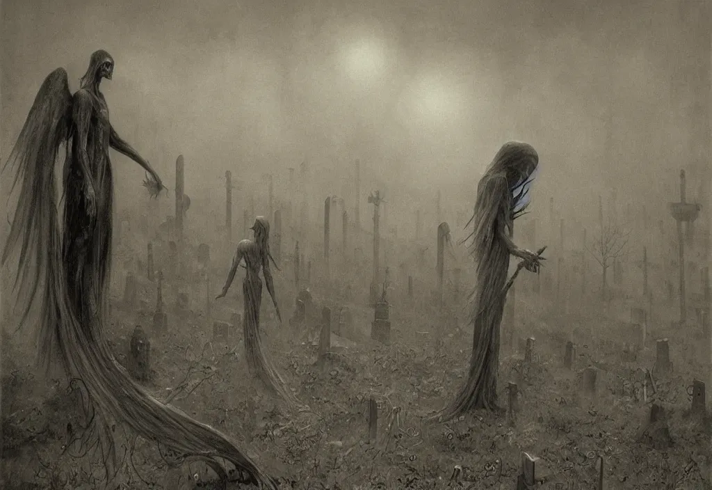 Image similar to the dark angel of death walking among the graves at st. louis cementer in new orleans by billelis, clive barker, and zdzisław beksinski