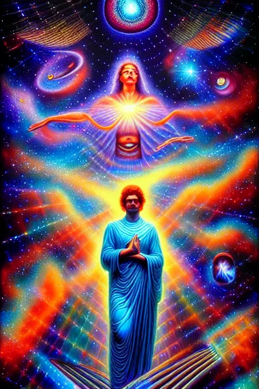 Prompt: a photorealistic detailed image of out of body experience, astral projection, spiritual evolution, science, divinity, utopian, triumphant, cinematic, mathematics, futuristic, by jason felix, david a. hardy, kinkade, lisa frank, wpa, public works mural, socialist
