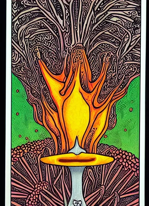 Image similar to tarot card designed by charles burns, painted with oil paint, depicting amanita muscaria, ritual, dmt space, intricate, ornate