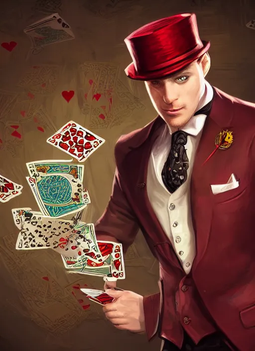 Image similar to a highly detailed illustration of stylish top hat wearing red haired attractive man, wearing suit vest, flashy pose, playing card background, intricate, elegant, highly detailed, centered, digital painting, artstation, concept art, smooth, sharp focus, league of legends concept art, WLOP