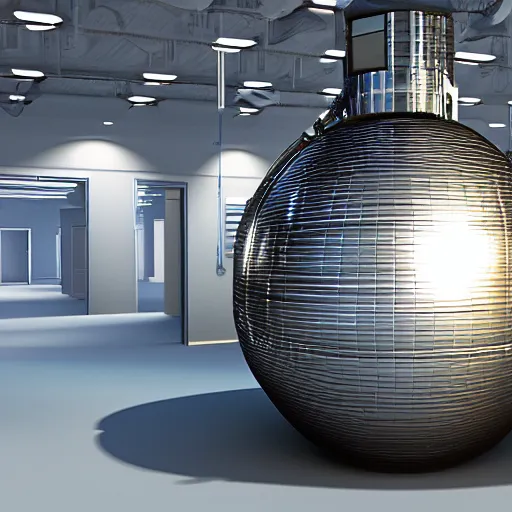 Image similar to big metallic capsule connected to pipelines, purpose is pump, standing in large industrial hall, designed by best engineers, raytracing, reflections