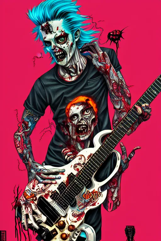 Image similar to zombie punk rocker playing guitar, tristan eaton, victo ngai, artgerm, rhads, ross draws, intricated details, 3 / 4 view, full body portrait