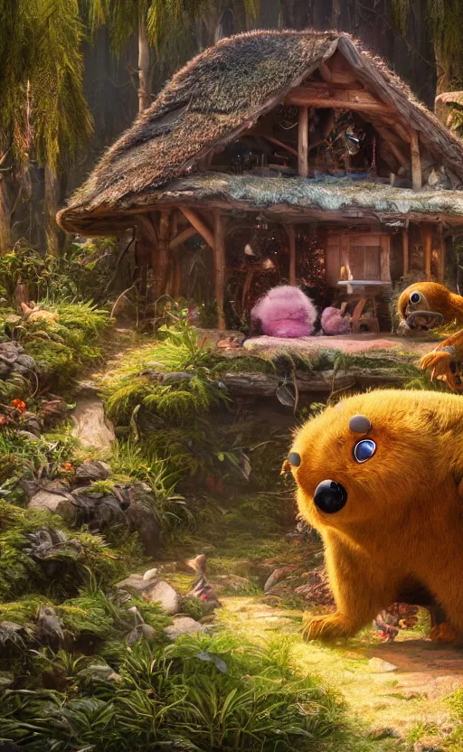 Prompt: a hut made of fur, magical forest, community, water bear, robots, electric, furry, soft, concept art, intricate details, highly detailed, photorealistic, disney pixar, octane render, iridescent, anime, 8 k