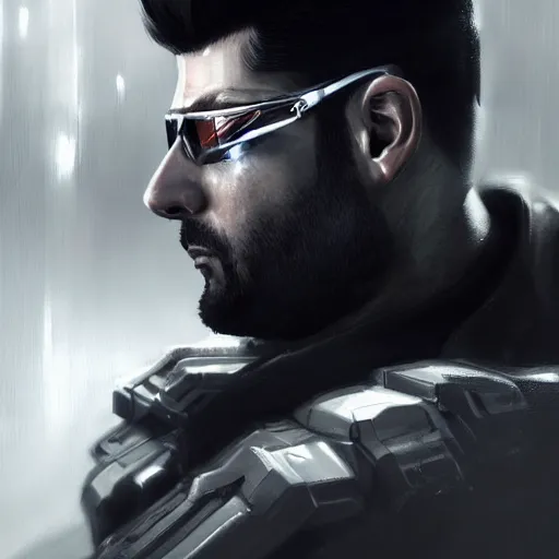 Image similar to Adam Jensen from Deus Ex as Gigachad, by Cedric Peyravernay, highly detailed, hyperealism, dramatic, cinematic concept art, dramatic lighting, trending on ArtStation