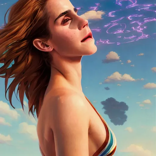 Image similar to highly detailed painting of emma watson wearing a bikini, gta 5 cover art style, stephen bliss, 8 k, by greg rutkowski, loish, rhads, artgerm, ferdinand knab, makoto shinkai and lois van baarle, ilya kuvshinov, rossdraws, global illumination, radiant light, detailed and intricate environment