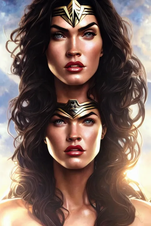 Image similar to portrait of megan fox as wonder woman, dc, intricate, headshot, highly detailed, digital painting, artstation, concept art, sharp focus, cinematic lighting, illustration, art by artgerm and greg rutkowski, alphonse mucha, cgsociety