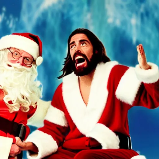 Prompt: Santa and Jesus angrily screaming at each other, 80s movie action battle, live action cinematography, crying ice cream baby