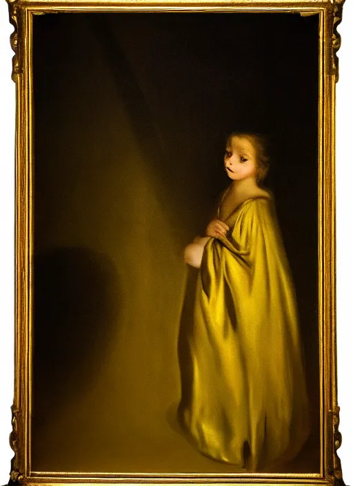 Prompt: shadows in the dark lurking on a lost little girl wearing a gold cloak, backlight, creepy, extremely realistic and highly detailed painting by francisco goya, soft light, gold ratio