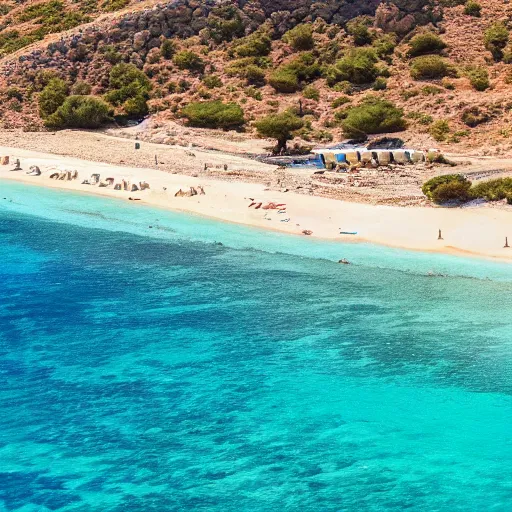 Image similar to sun beds on Elafonissi Beach in crete, 8k resolution, hyper detailed