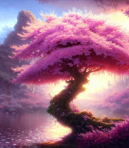 Prompt: highly detailed fantasy artwork of a sakura plum tree made with water, overgrowth, Andreas Rocha, Ferdinand Knab, Makoto Shinkai