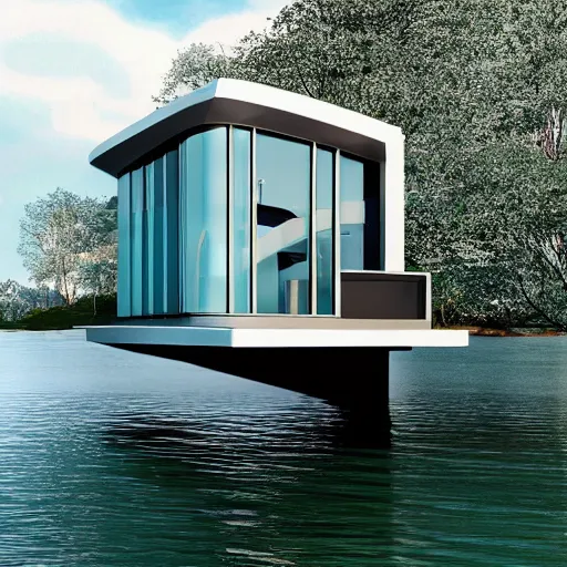 Image similar to ” water floating futuristic house surrounded by water ”