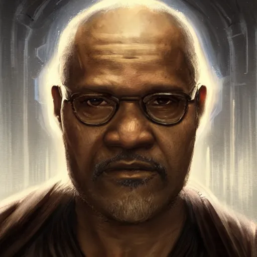 Image similar to portrait of a man by greg rutkowski, old jedi master, black, he looks like laurence fishbourne, star wars expanded universe, he is about 6 0 years old, wearing jedi robes, highly detailed portrait, digital painting, artstation, concept art, smooth, sharp foccus ilustration, artstation hq