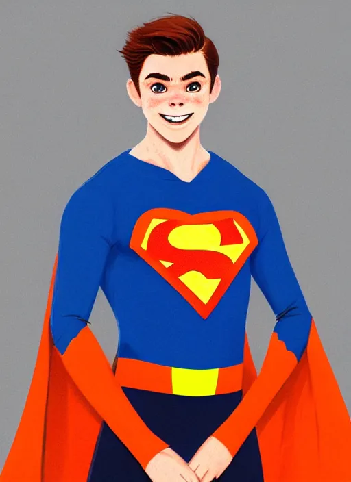 Image similar to friendly teenage archie andrews wearing an orange superhero costume with heart logo, heart, freckles, blue cape, heart emblem on chest, blue cape, intricate, elegant, glowing lights, highly detailed, digital painting, artstation, sharp focus, illustration, art by wlop, mars ravelo and greg rutkowski