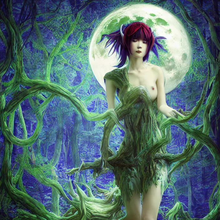 Image similar to dreamscape forest rei ayanami with horns, the moon in the woods, earth from the moon, fractal, liminal space, Japan Lush Forest, Leviathan awakening from Japan in a Radially Symmetric Alien Megastructure turbulent bismuth glitchart Luminism Romanticism by John William Waterhouse Atmospheric Cinematic Environmental & Architectural Design recusion mandelbulb fractal wisdom acrylic pouring