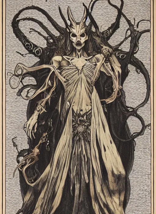 Prompt: cloaked demon oracle wise beautiful woman armor muted fall colors, beautiful face, robes veil jewelry, tentacles exposed bones, horns palace on a throne of bones lithograph, engraving, etching, printmaking, exposed bones, occult, tarot, octane ,caravaggio alphonse mucha, long boney limbs, erroded, rough condition, beautiful