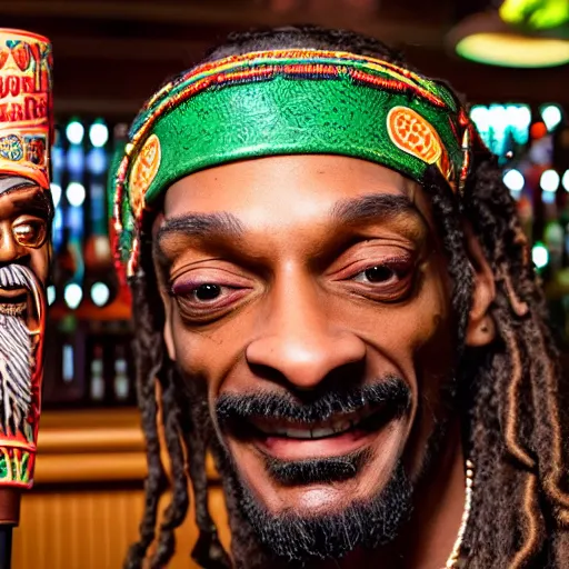 Image similar to a closeup photorealistic photograph of happy snoop dogg at trader vic's bar presenting a trader vic's tiki mug that features the face of snoop dogg. brightly lit scene. this 4 k hd image is trending on artstation, featured on behance, well - rendered, extra crisp, features intricate detail, epic composition and the style of unreal engine.