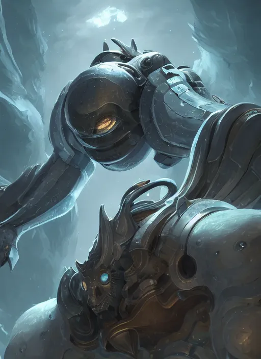 Image similar to a highly detailed illustration of colossal silver mechanical giant, with big glowing iron giant eyes, gentle calm doting pose, intricate, elegant, highly detailed, centered, digital painting, artstation, concept art, smooth, sharp focus, league of legends concept art, WLOP