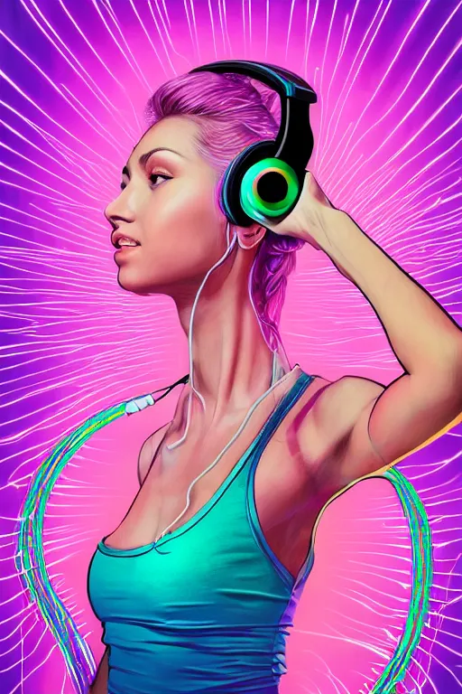 Image similar to a award winning half body portrait of a beautiful woman with stunning eyes in a croptop and cargo pants with ombre purple pink teal hairstyle dancing while listening to music with headphones on her ears by thomas danthony, surrounded by whirling illuminated lines, outrun, vaporware, shaded flat illustration, digital art, trending on artstation, highly detailed, fine detail, intricate