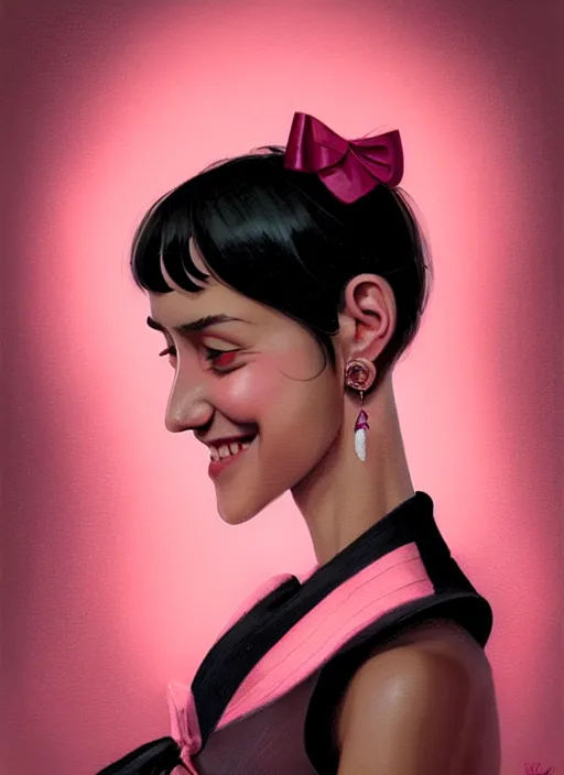 Image similar to portrait of high school girl, realistic, black hair, bangs, half updo hairstyle, pointy nose, skinny, smile, ugly, defined jawline, big chin, pink hair bow, earrings, intricate, elegant, glowing lights, highly detailed, digital painting, artstation, sharp focus, illustration, art by wlop, mars ravelo and greg rutkowski