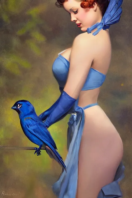 Prompt: hyper realistic painting, pinup girl holding an indigo bunting, bird, the bird is wearing a bowtie, by greg rutkowski, rossdraws, gil elvgren, enoch bolles, anime, porcelain skin, glistening, very coherent,