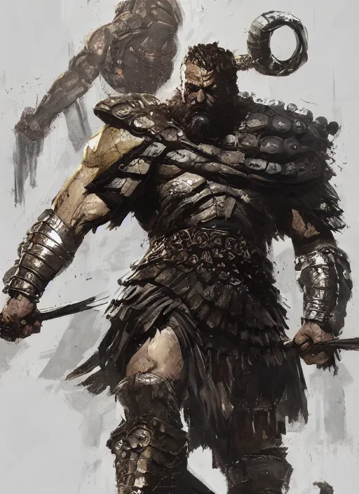 Image similar to ancient historically accurate depiction of the Bible Character Goliath of Gath, the Philistine warrior giant in ancient persian chainmail armor, dramatic lighting art by Yoji Shinkawa by Richard Schmid by greg rutkowski by Sandra Chevrier by Jeremy Lipking cinematic dramatic