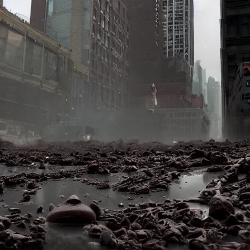 Image similar to tsunami of liquid chocolate on new york, post apocalyptic, cinematic