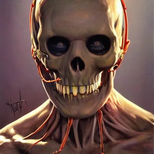 Image similar to ultra realistic portrait painting of skeletor as hannibal lecter, art by frank frazetta, 4 k, ultra realistic, highly detailed, epic lighting