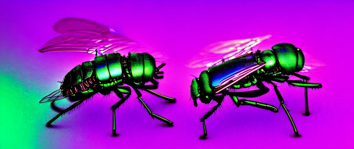 Image similar to high quality macro photo iridescent cyborg fly! jeweled very beautiful! highly detailed digital art david ligare elson peter cinematic purple neon lighting high quality low angle hd 8k sharp shallow depth of field