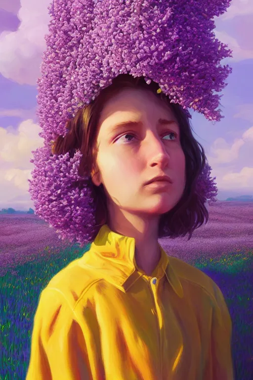 Image similar to portrait, giant lilac flower as head, girl in heather field, surreal photography, golden hour, colorful clouds, impressionist painting, digital painting, artstation, simon stalenhag