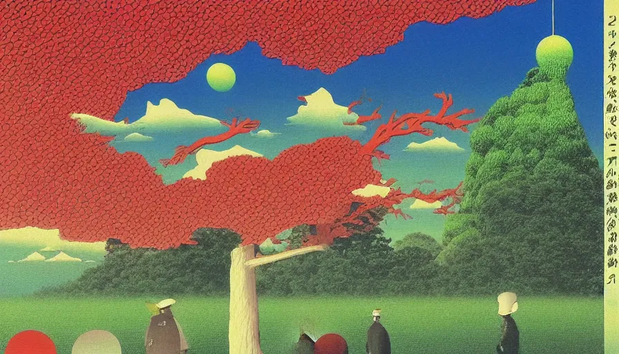 Prompt: Japan rural splendor travel and tourism c2050, surrealist psychedelic collage painting in the style of Magritte, Roger Dean, Yoshio Awazu, vivid color