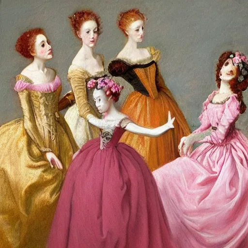 Image similar to group of skinny female artist wearing renaissance dresses, pink and gold flowers in the style of realism, renaissance oil painting, tonalism, rococo, manga