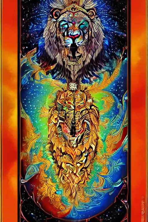 Image similar to beautiful and colorful fractal tarot card featuring an ornate, realistic, and regal viking lion by Dan Mumford, by Jim Fitzpatrick, by joe wilson, featured on deviant art, trending on artstation