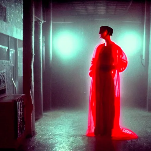 Image similar to cinematic portrait of a runaway bride of frankenstein replicant with bright make up and a red translucent plastic raincoat in an empty room, still from the movie bladerunner, fashion photography, a neon sign is in the background