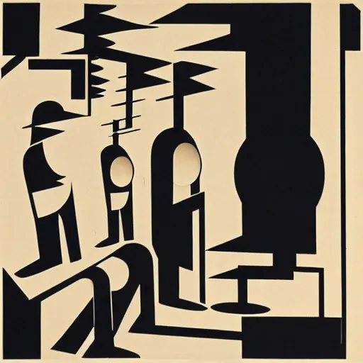 Prompt: strange beings in a common space, Oskar Schlemmer, futurism, Bauhaus