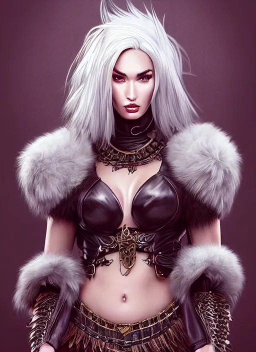 Image similar to ! dream barbarian, fur leather armor!!! megan fox, beautiful and elegant white hair female!! gorgeous ayes!! character concept art, sharp focus, octane render! unreal engine 5! highly rendered!! trending on artstation!! detailed linework!! illustration by artgerm, wlop, and chie yoshii