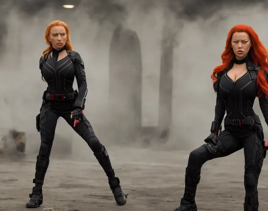Image similar to movie still of lindsey pelas as black widow, directed by russo brothers, 4 k hd, oscar winning, high detail