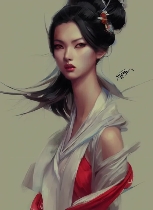 Image similar to hyper realistic geisha, by greg rutkowski, by artgerm