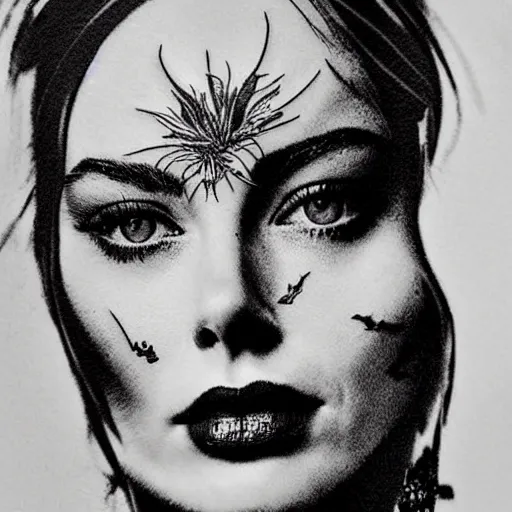 Image similar to tattoo design sketch with double exposure effect, margot robbie face and beautiful mountain scenery, in the style of matteo pasqualin, amazing detail