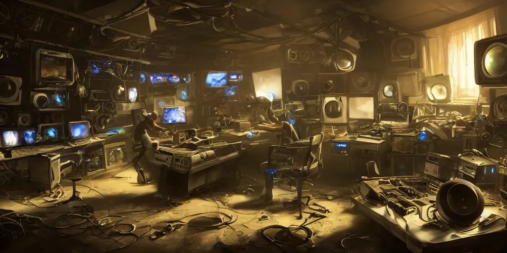 Prompt: an environmental concept art of a diskjockey in a cluttered producer studio, highly detailed, cinematic, dramatic lighting, close shot by francis tneh